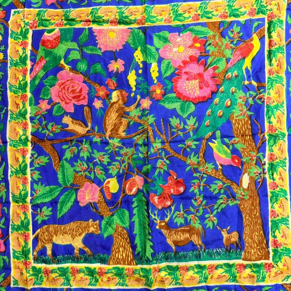 Vintage Jungle Wildlife Silk Scarf Blue Tiger Monkey Peacock Floral Square Scarf